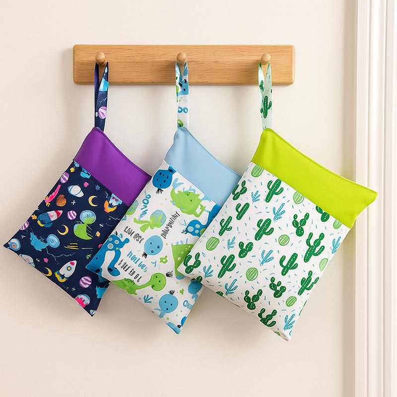 DuoDry Wet Bag with Space, Dino, and Cactus prints. 