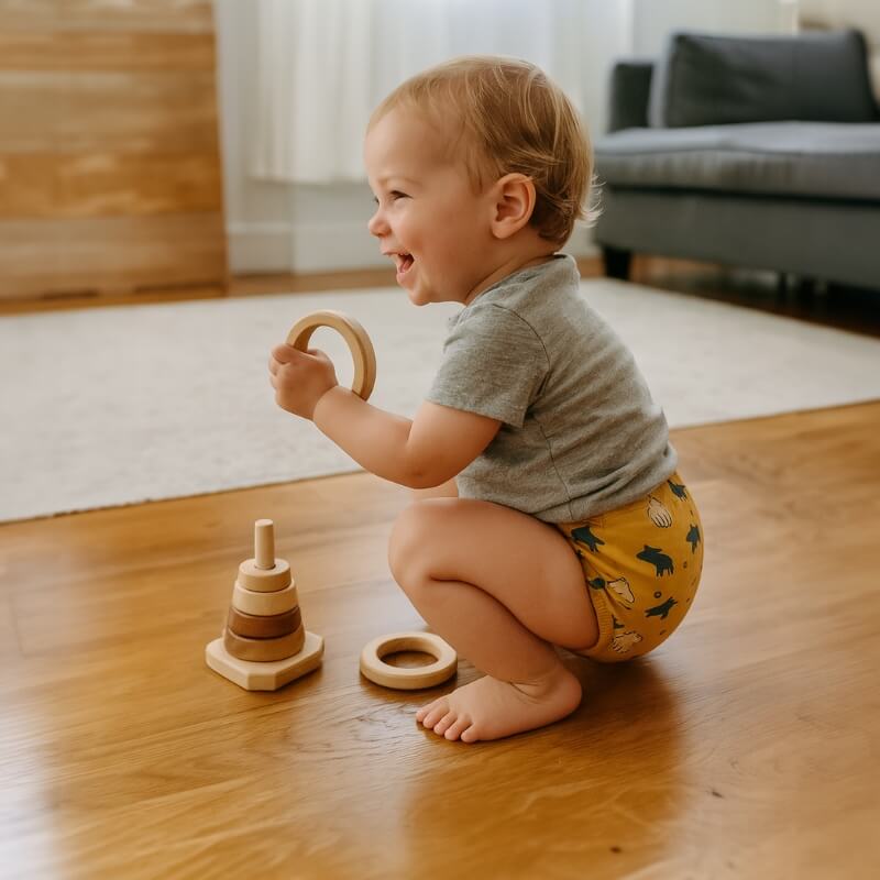 Child playing with a wooden Montessori stacker while wearing his Puppies Loondie Potty Undies. 