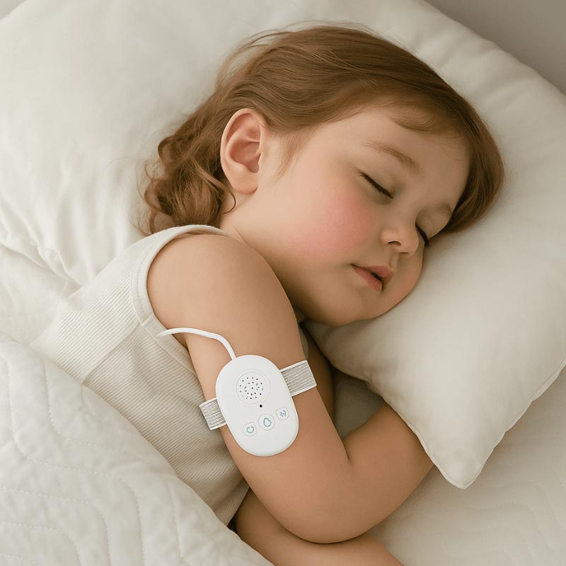 Child sleeping with a DreamDry Alarm safely attached around her hand.