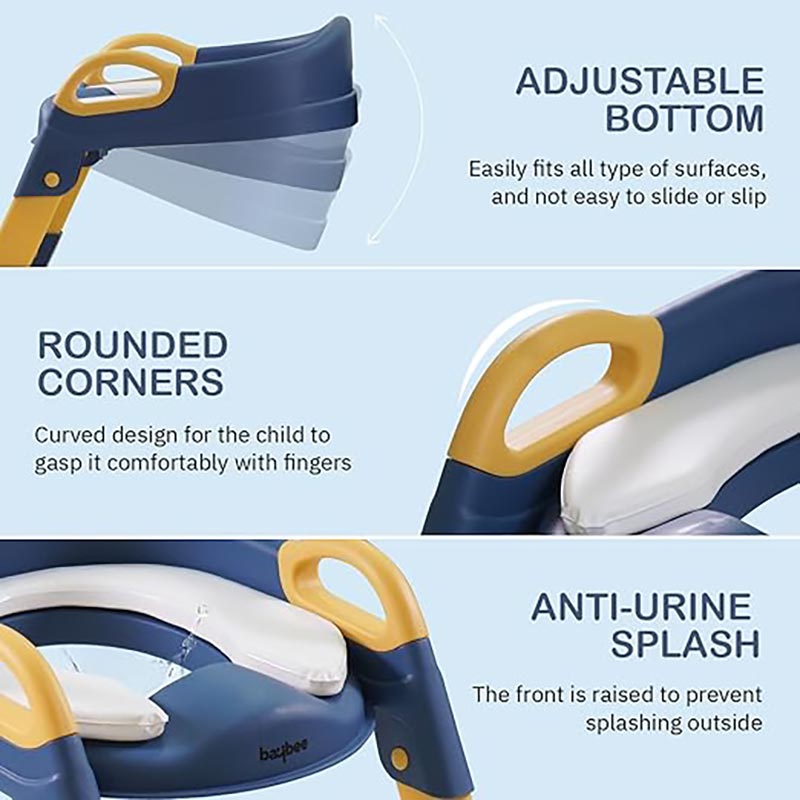 Infographic showcasing elements and design of a blue potty training toilet seat for kids. 