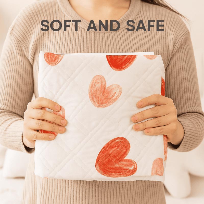 Close up on a woman holding a Waterproof DreamMat by Loondie.