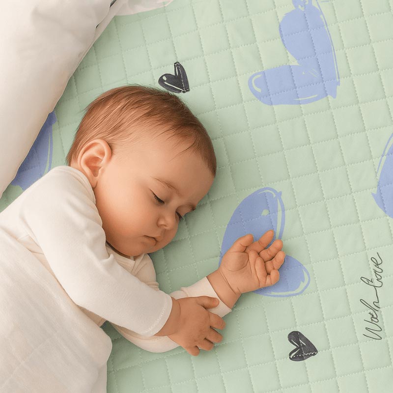 Baby safely sleeping on a waterproof mat with a cute blue heart pattern design. 